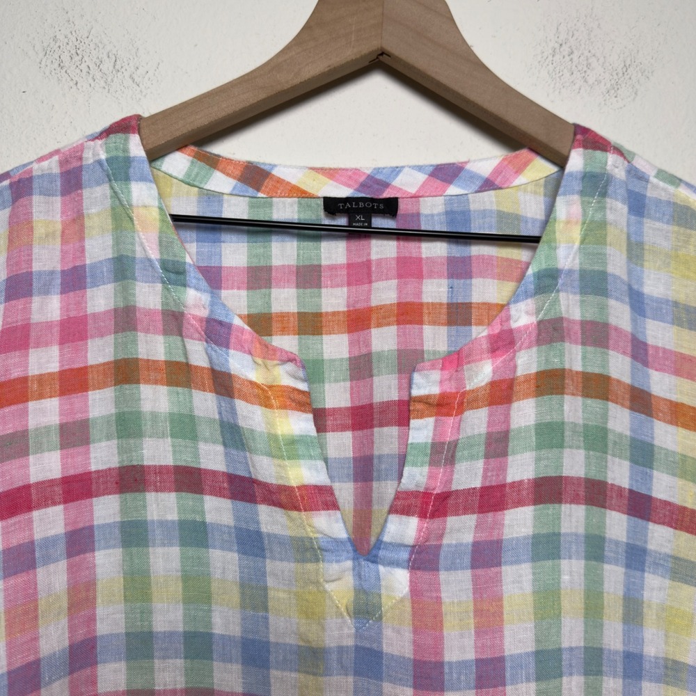 Talbots Women 100% Linen Top‎ XL Multi-Color Gingham Picnic Whimsy Resort - Picture 4 of 8